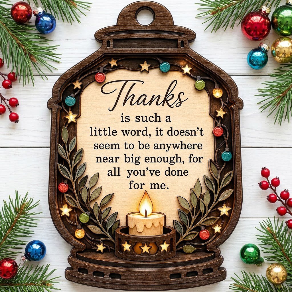 Lantern-shaped wood ornament with candle, colorful fairy lights, leafy branches, and a thank-you quote.