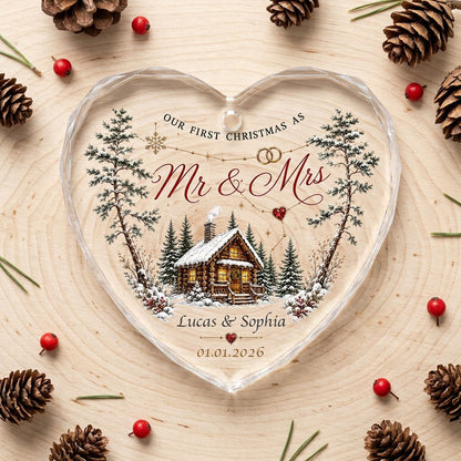 Personalized Our First Christmas as Mr & Mrs Winter Cabin Heart Glass Ornament