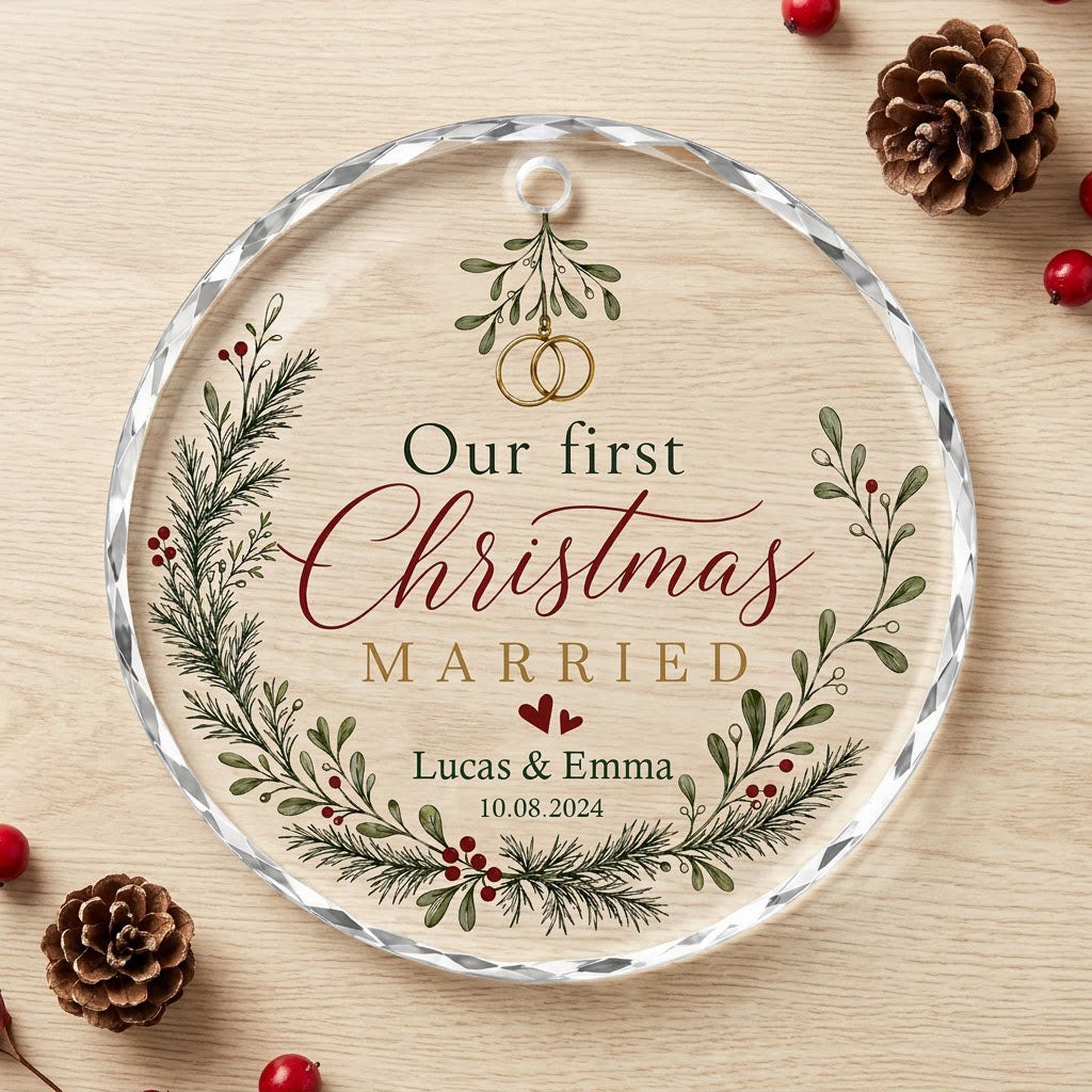Personalized Our First Christmas Married Mistletoe Wreath Round Glass Ornament