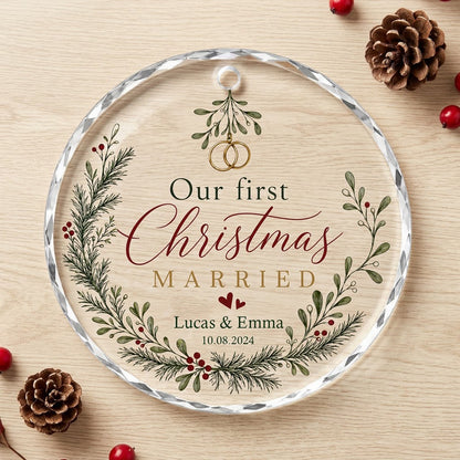 Personalized Our First Christmas Married Mistletoe Wreath Round Glass Ornament
