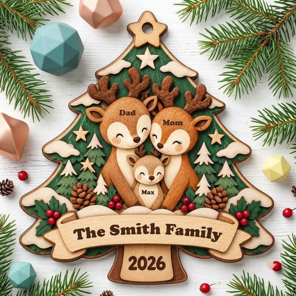 Tree-shaped wood ornament with a deer family, star topper, holly, pinecones, and personalized names and year.