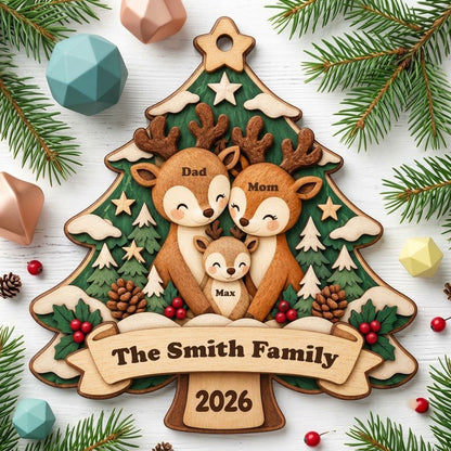 Tree-shaped wood ornament with a deer family, star topper, holly, pinecones, and personalized names and year.