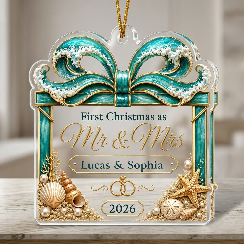 Personalized Beach Ocean Wave Gift Box First Christmas as Mr & Mrs Acrylic Ornament, Custom Destination Wedding Keepsake