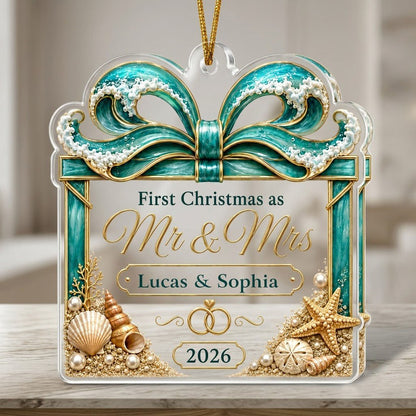 Personalized Beach Ocean Wave Gift Box First Christmas as Mr & Mrs Acrylic Ornament, Custom Destination Wedding Keepsake