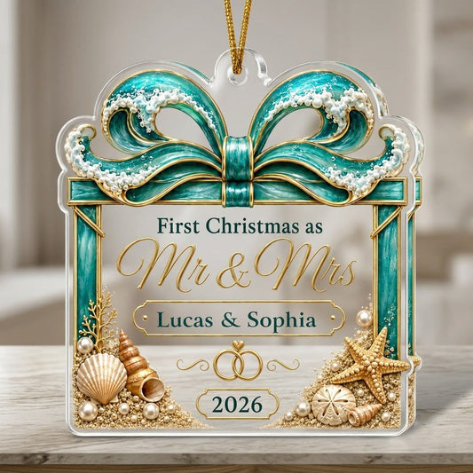 Personalized Beach Ocean Wave Gift Box First Christmas as Mr & Mrs Acrylic Ornament, Custom Destination Wedding Keepsake