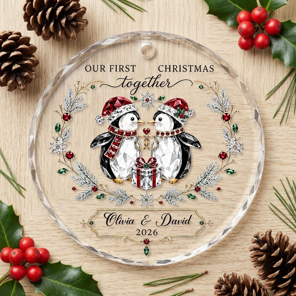 Penguin couple in Santa hats hold gold rings beneath a heart, framed by a pine and gem wreath with a gift box.