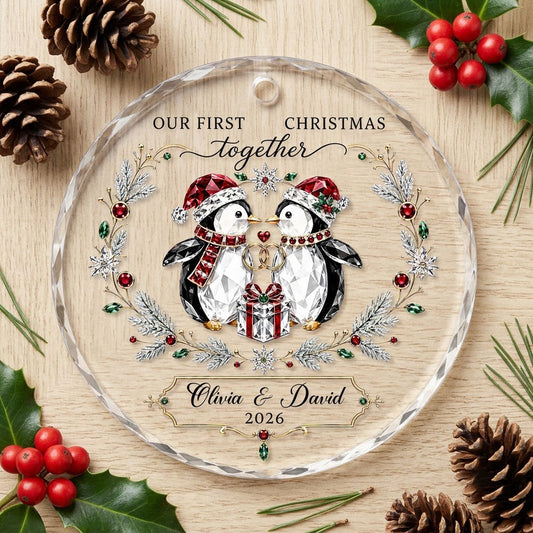 Penguin couple in Santa hats hold gold rings beneath a heart, framed by a pine and gem wreath with a gift box.