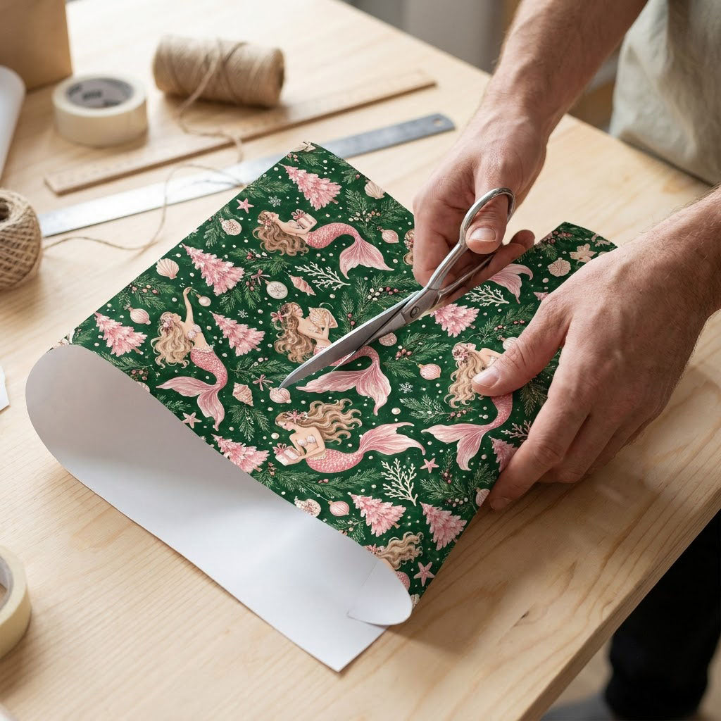 Dark green wrapping paper with pink-tailed mermaids, pink Christmas trees, starfish and snowflakes in a seamless pattern