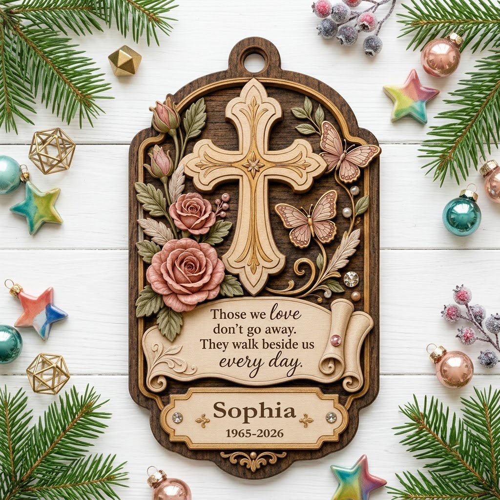 Ornate arch wood ornament with carved cross, roses, butterflies and memorial quote with name and dates.