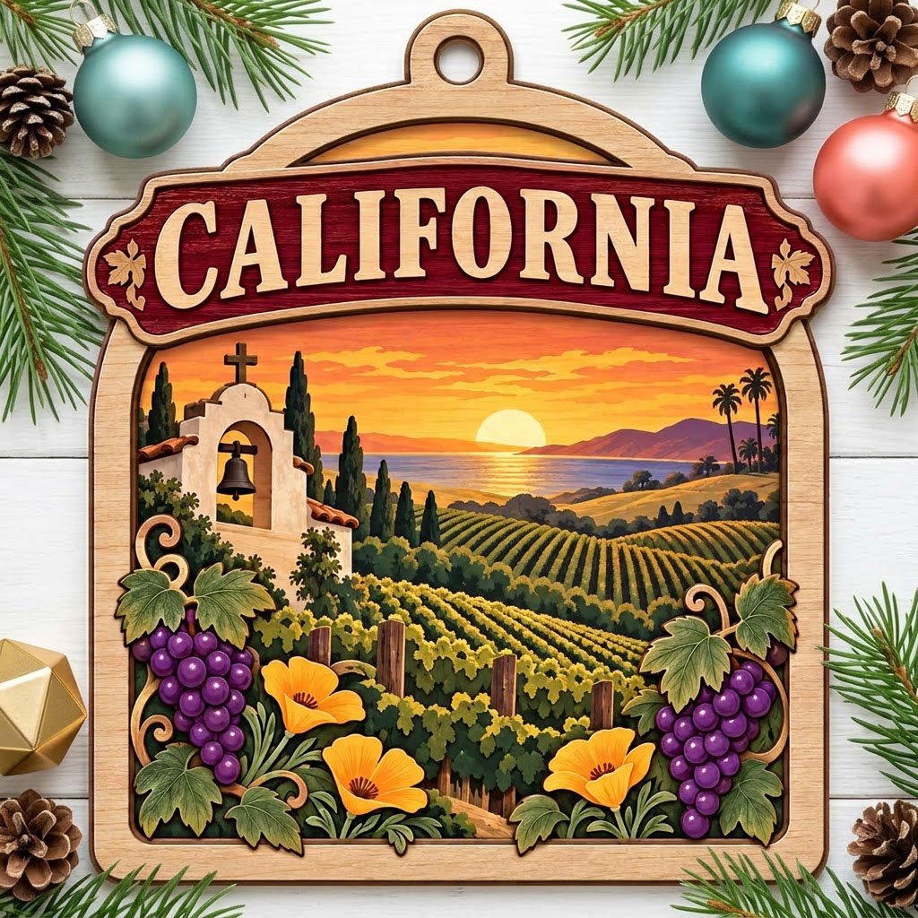 Wood ornament with red banner, California mission, vineyards, poppies, grapes, palms, mountains, and ocean sunset.