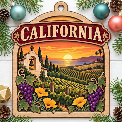Wood ornament with red banner, California mission, vineyards, poppies, grapes, palms, mountains, and ocean sunset.