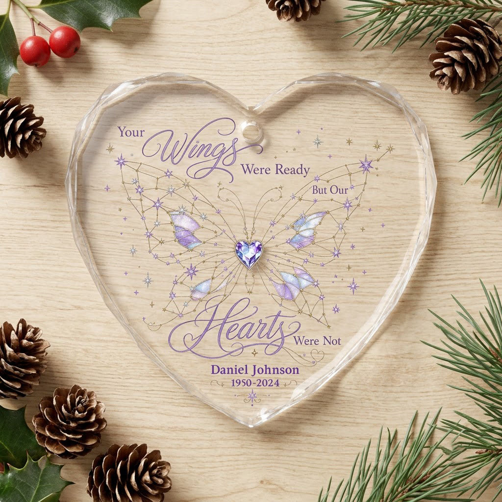 Personalized Butterfly Memorial Your Wings Were Ready Crystal Heart Glass Ornament