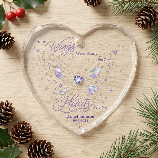 Personalized Butterfly Memorial Your Wings Were Ready Crystal Heart Glass Ornament
