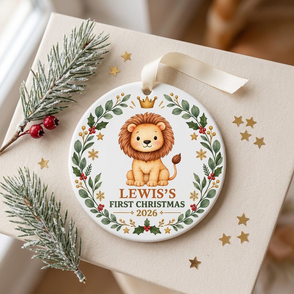 Round ceramic ornament with a cute crowned lion inside a festive wreath of green leaves, red berries, stars and snowflak