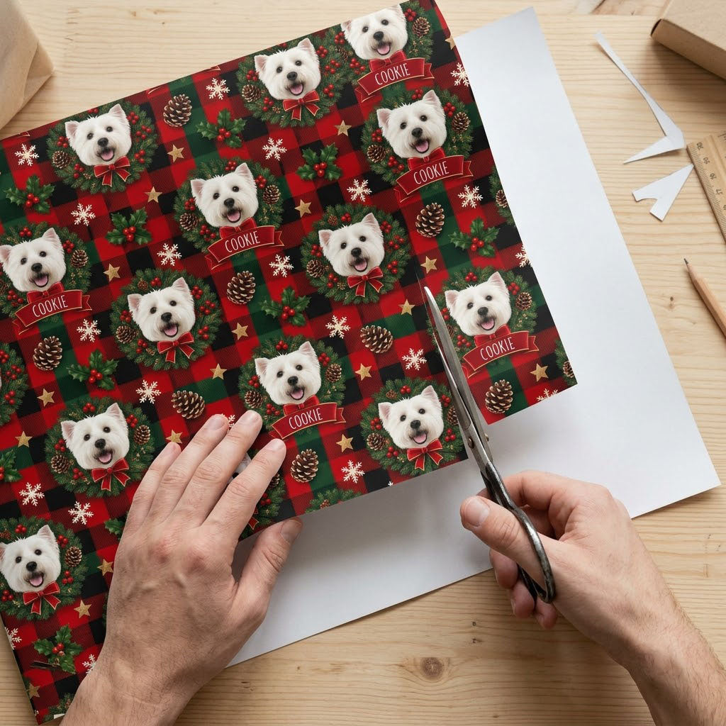 Red and green plaid wrapping paper with Westie in wreaths, snowflakes, stars, holly, and a name on red banners.