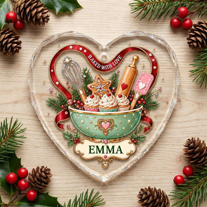 Heart stained glass suncatcher with mint mixing bowl, cupcakes, red ribbon, holly, and gold plaque BAKED WITH LOVE.