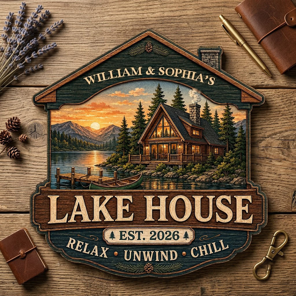 Personalized Lake House Cabin Roof Sunset Wooden Hanging Sign