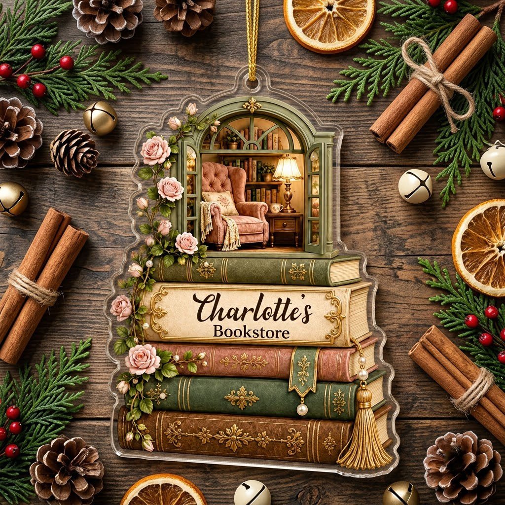 Personalized Stack of Books Reading Nook Acrylic Ornament, Custom Book Lover Keepsake