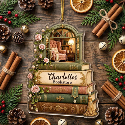 Personalized Stack of Books Reading Nook Acrylic Ornament, Custom Book Lover Keepsake
