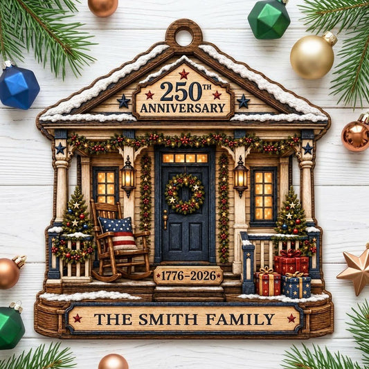 House-shaped ornament with patriotic porch, blue door, wreath, and '250TH ANNIVERSARY 1776-2026' text