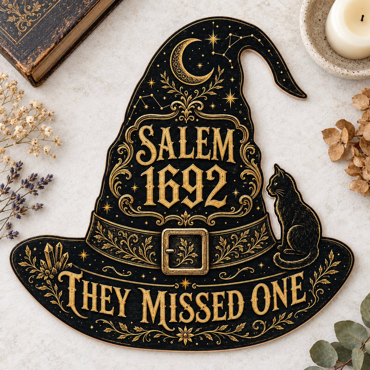 Witch hat-shaped wooden sign with 'SALEM 1692 THEY MISSED ONE', crescent moon, stars, filigree, and a black cat on the b