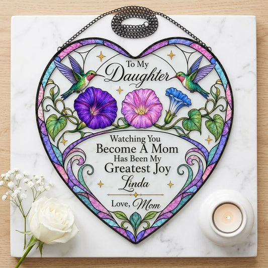 Heart-shaped stained-glass suncatcher with two hummingbirds, morning glory flowers, and 'To My Daughter' text.
