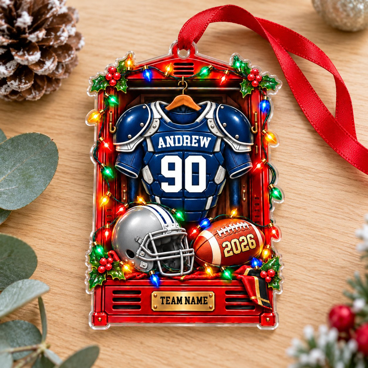 Red locker acrylic ornament with blue-and-white football jersey, silver helmet, football, lights and holly.