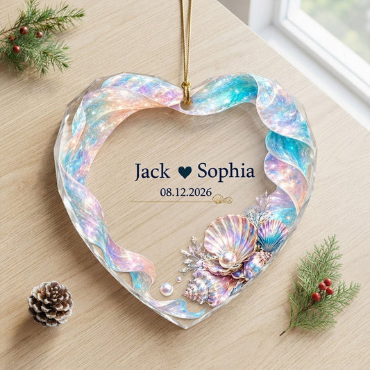 Personalized Pastel Iridescent Seashell Heart Glass Ornament