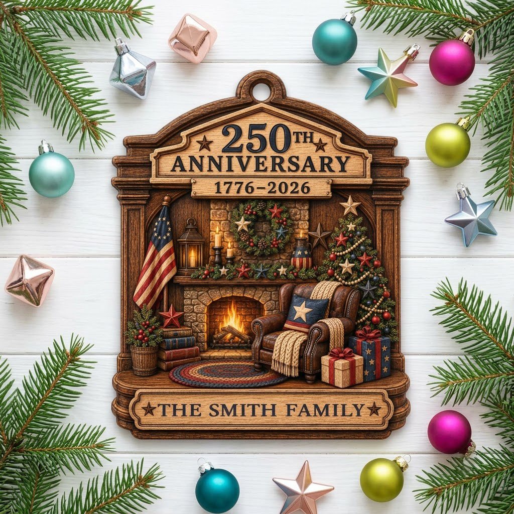 Arch wood ornament with a cozy fireplace, Christmas tree, and American flag, personalized with the family name.