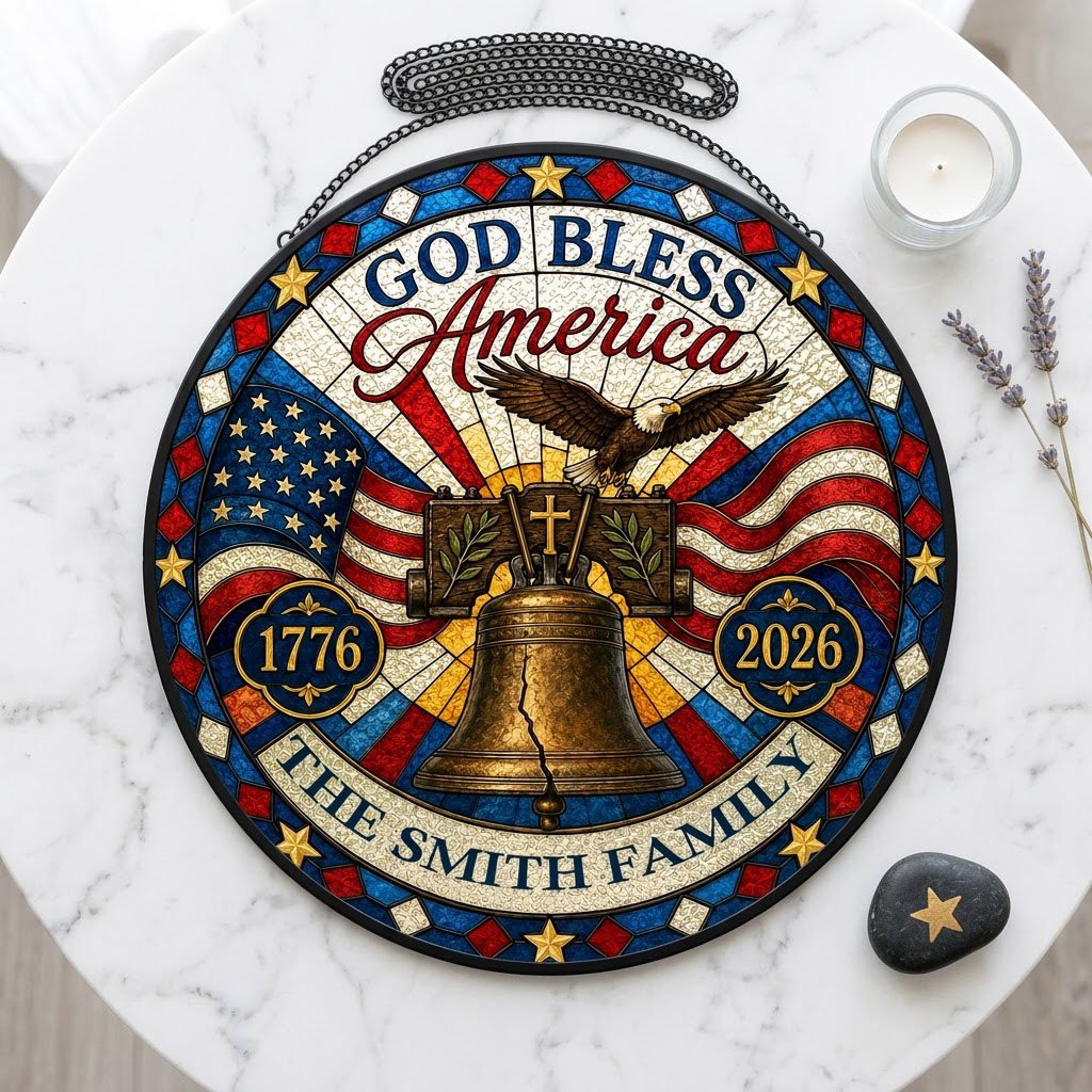Round stained-glass style suncatcher with Liberty Bell, eagle, flags, 'GOD BLESS America' 1776–2026 and a family name
