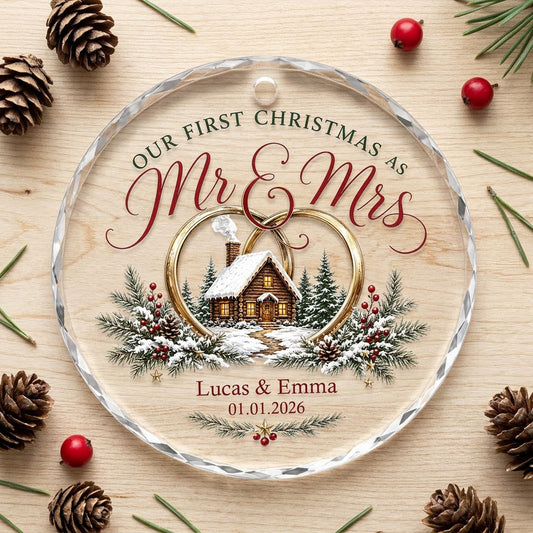 Personalized Our First Christmas as Mr & Mrs Winter Cabin Round Glass Ornament