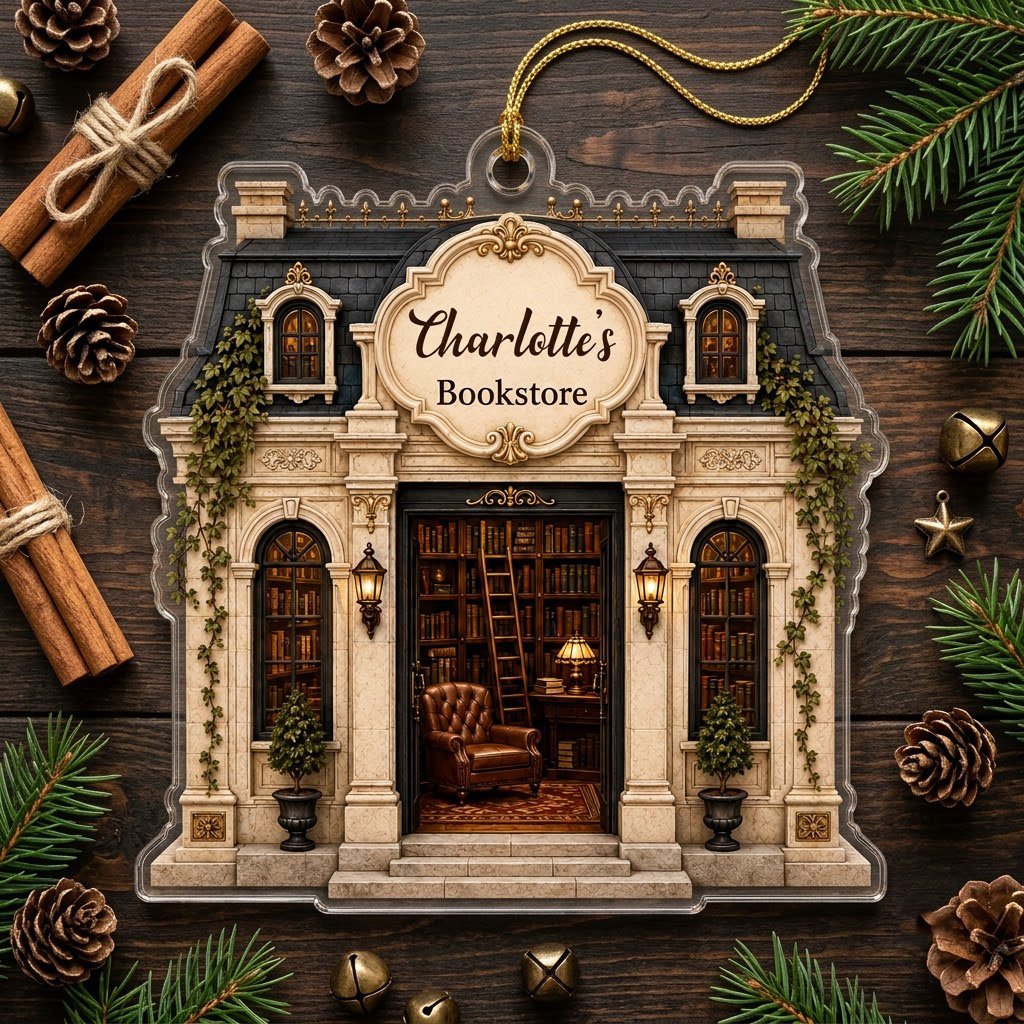 Personalized French Parisian Bookstore Acrylic Ornament, Custom Book Lover Keepsake