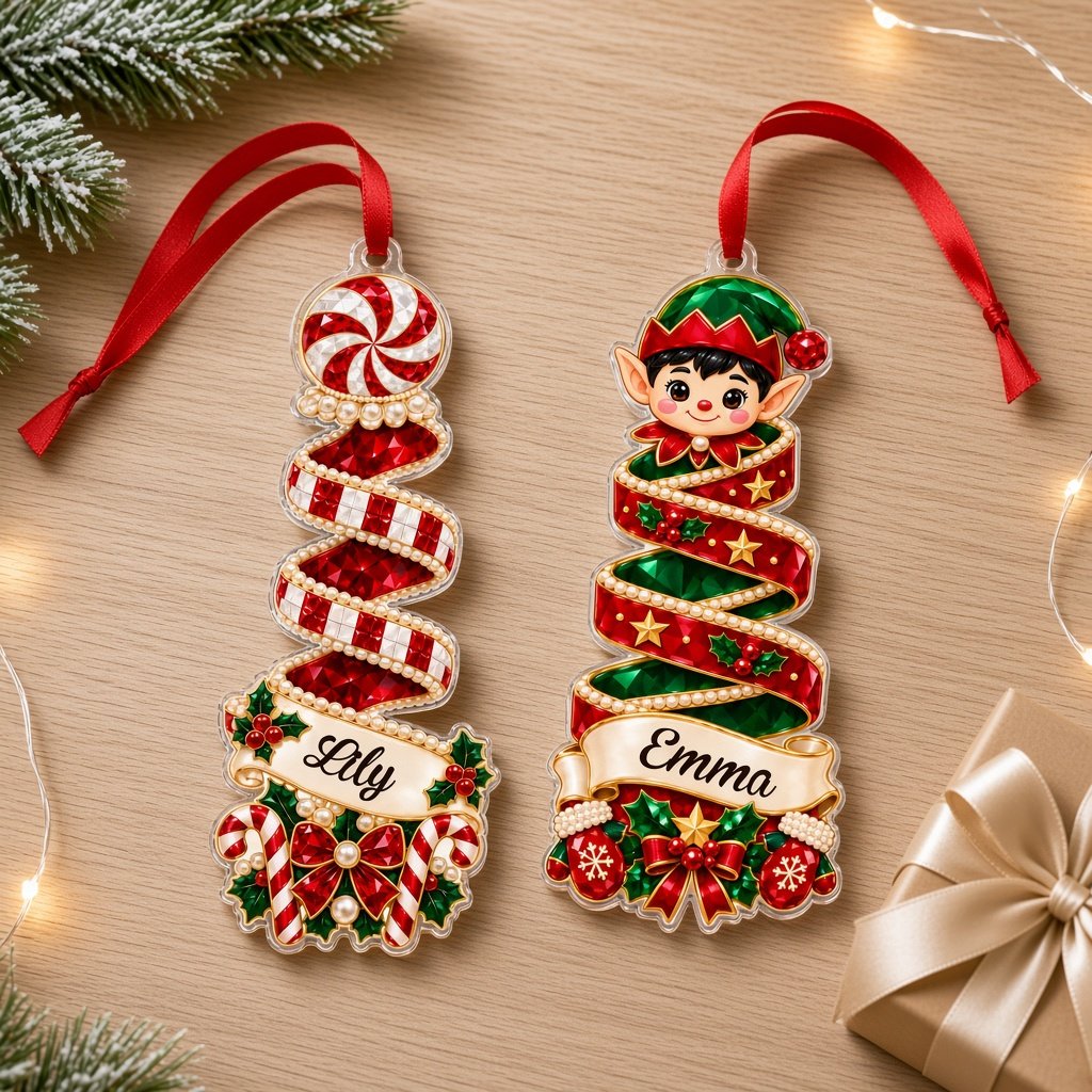 Clear acrylic spiral tree ornament with peppermint or elf top, holly and candy details, and a personalized name banner.