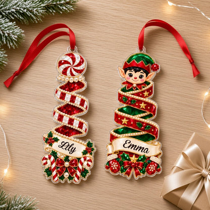 Clear acrylic spiral tree ornament with peppermint or elf top, holly and candy details, and a personalized name banner.