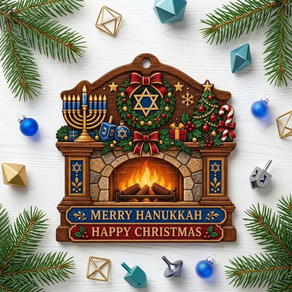 Wood ornament shaped like a fireplace mantel with a menorah, dreidel, wreath, and the words MERRY HANUKKAH and HAPPY CHR