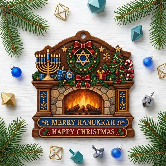 Wood ornament shaped like a fireplace mantel with a menorah, dreidel, wreath, and the words MERRY HANUKKAH and HAPPY CHR