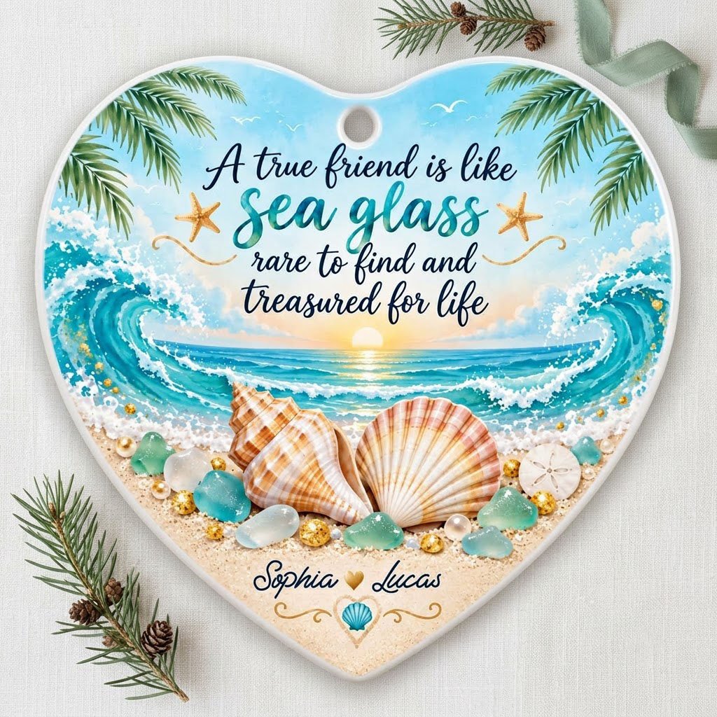 Heart ceramic ornament with beach sunset, palm trees, shells, sea glass, starfish, and a friendship quote.