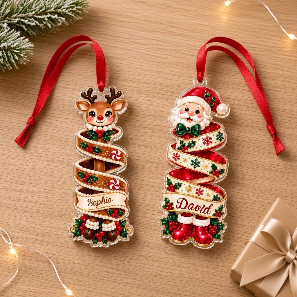 Custom-cut acrylic ornament showing a reindeer or Santa head wrapped in a name banner with holly and candies.