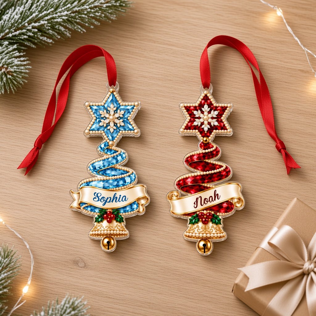Custom-cut acrylic ornament of a jeweled ribbon Christmas tree with star topper, holly sprig, name banner, and a gold be