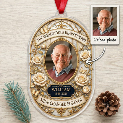 Personalized White Roses Oval Photo Memorial Acrylic Ornament