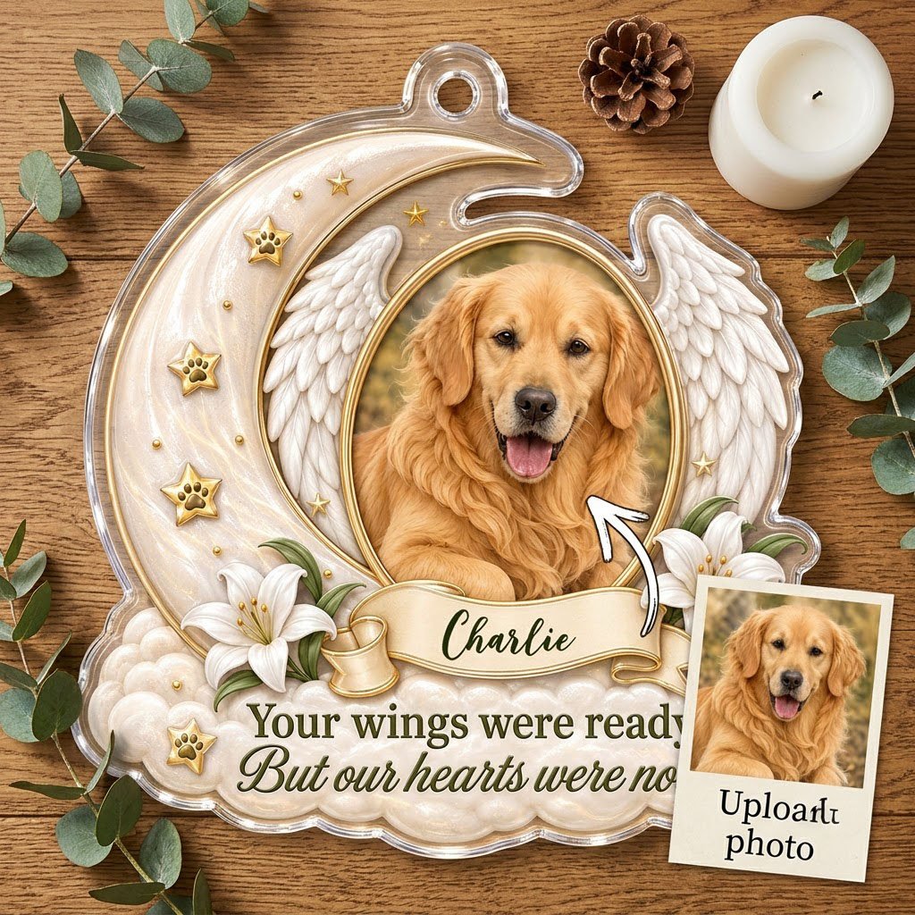 Crescent moon and angel wings acrylic ornament with oval pet photo, paw-print stars, white lilies, clouds, and a name ba