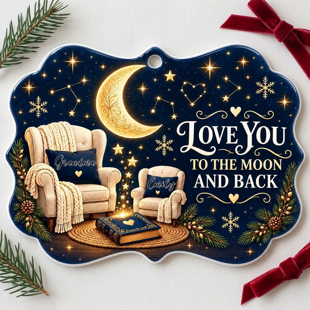 Medallion ceramic ornament with golden moon, stars, two chairs, and 'LOVE YOU TO THE MOON AND BACK' text.