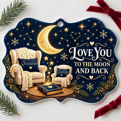 Medallion ceramic ornament with golden moon, stars, two chairs, and 'LOVE YOU TO THE MOON AND BACK' text.