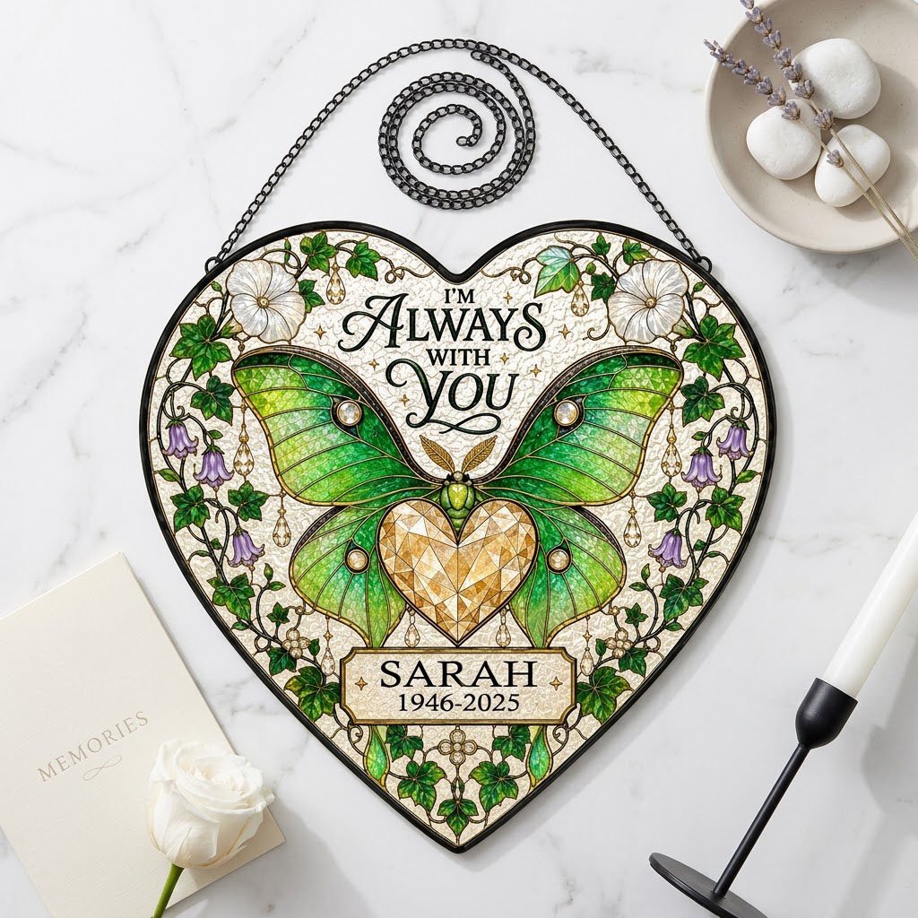 Personalized Luna Moth Memorial I'm Always With You Heart Stained Glass Suncatcher