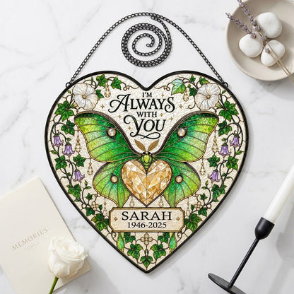 Personalized Luna Moth Memorial I'm Always With You Heart Stained Glass Suncatcher