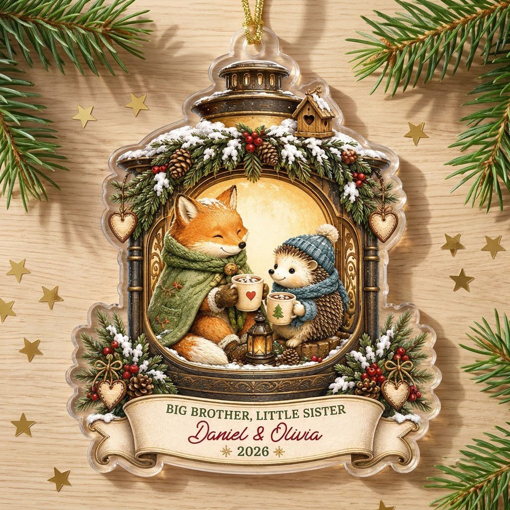 Acrylic ornament with lantern frame, fox and hedgehog with cocoa, 'BIG BROTHER, LITTLE SISTER', and names with year.