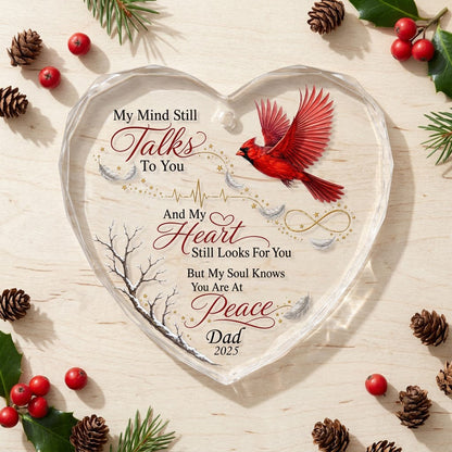 Personalized Flying Cardinal Memorial My Mind Still Talks To You Heart Glass Ornament