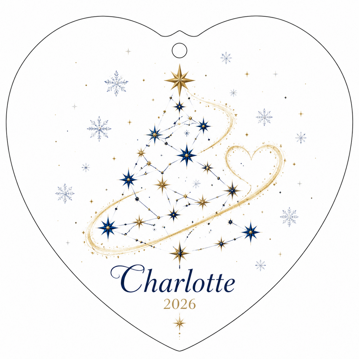 Heart-shaped stained glass suncatcher with a starry Christmas tree, gold ribbon heart, and snowflakes.