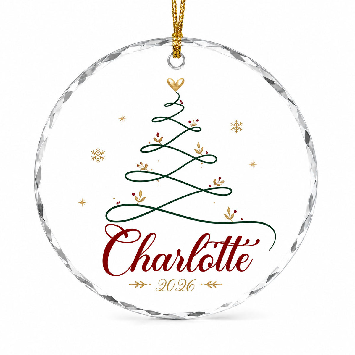 Clear round glass ornament with a looping green line Christmas tree topped by a small gold heart, name and year.