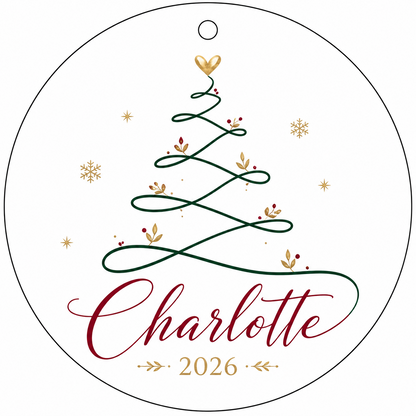 Clear round glass ornament with a looping green line Christmas tree topped by a small gold heart, name and year.